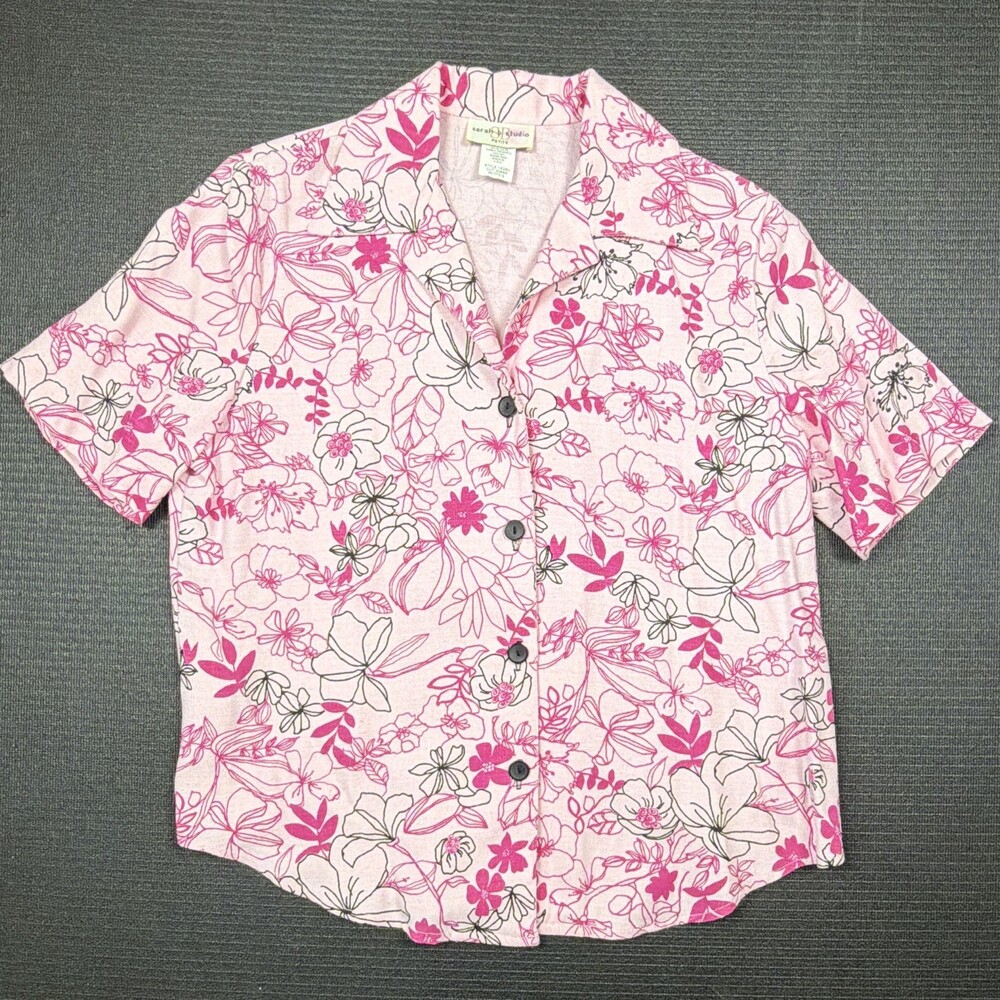 Vtg Sarah B Studios Petite S Pink Floral Button Front Blouse USA 90s Hawaiian